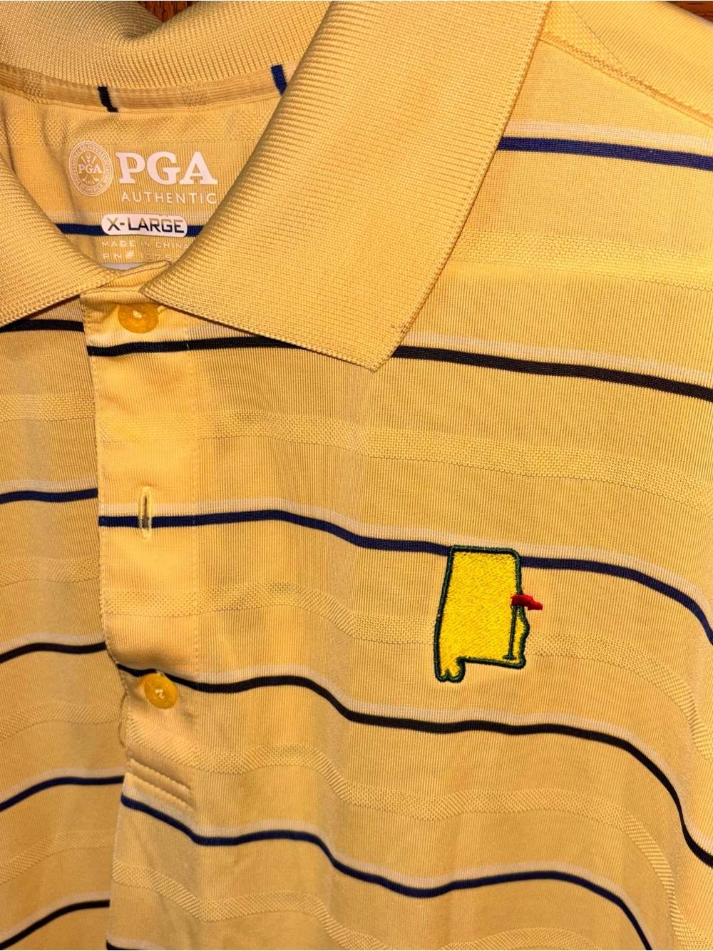 PGA Masters state logo yellow polo shirt with black horizontal stripes, size XL